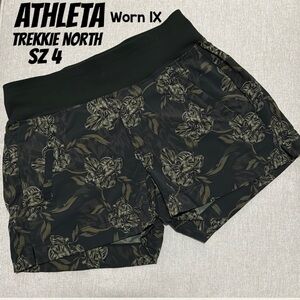 Worn 1X-Athleta Trekkie North Shorts-Sz 4-Terra Olive Floral-Zip Pockets